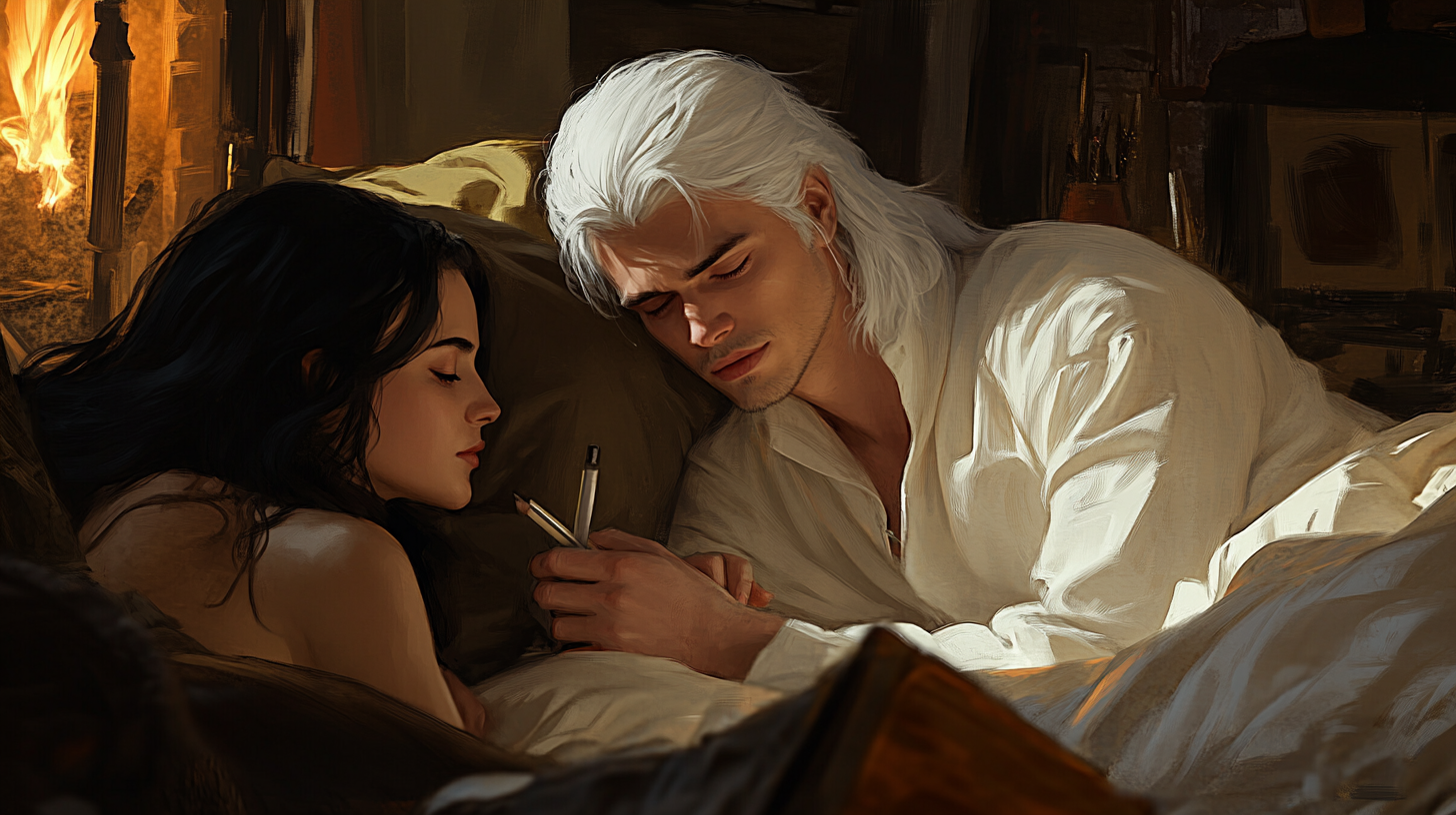 The Witcher-Like Man Sketching Beside Woman in Inn