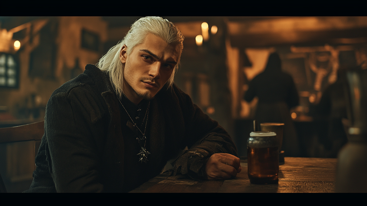 The Witcher-Like Young Man Enjoying Beer in Tavern