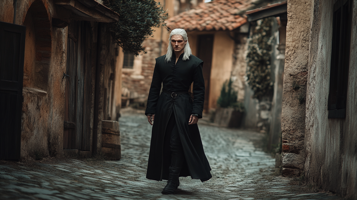 The Witcher-like Man Strolling in Medieval Street