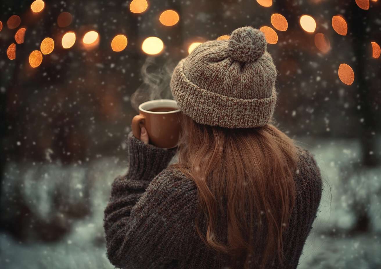 The Woman in Winter Enjoying Tea Happily