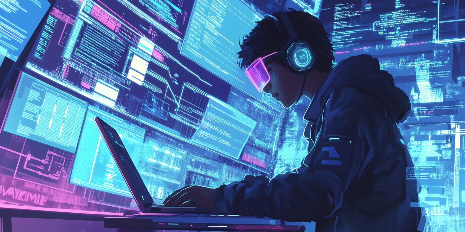 The Young Programmer in Futuristic Digital Workspace