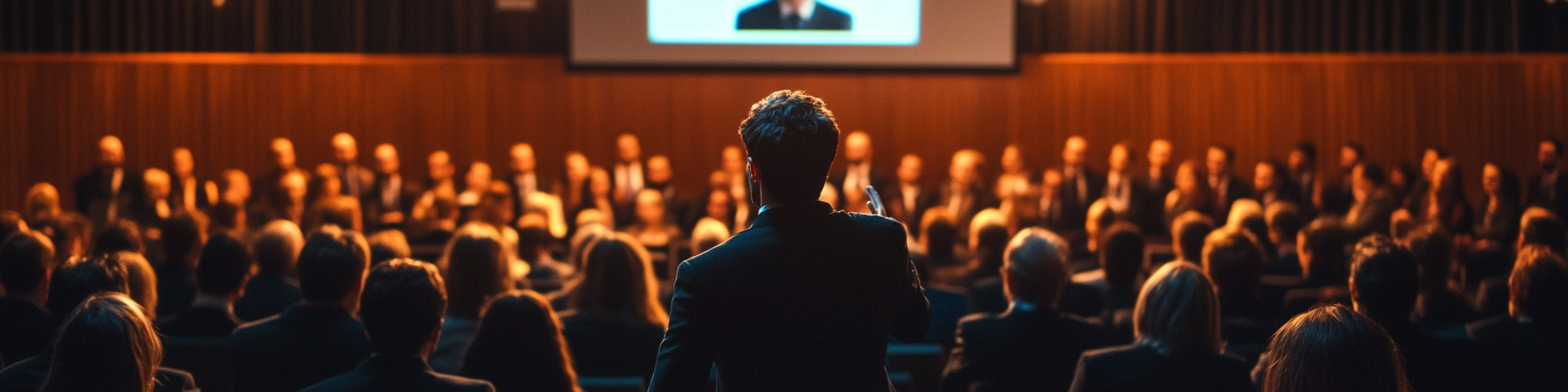 The audience in suits listening to presentation.