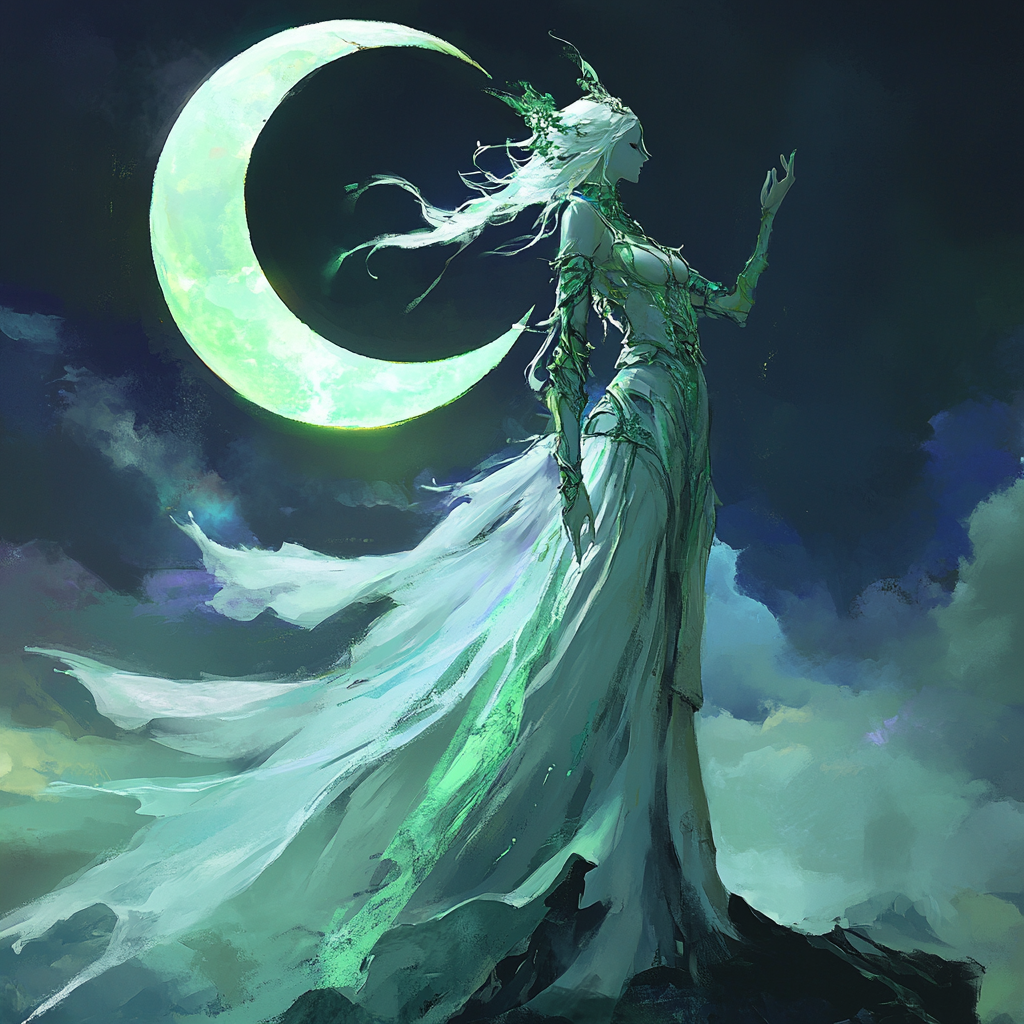 The beautiful Moon Goddess with crescent moon symbols