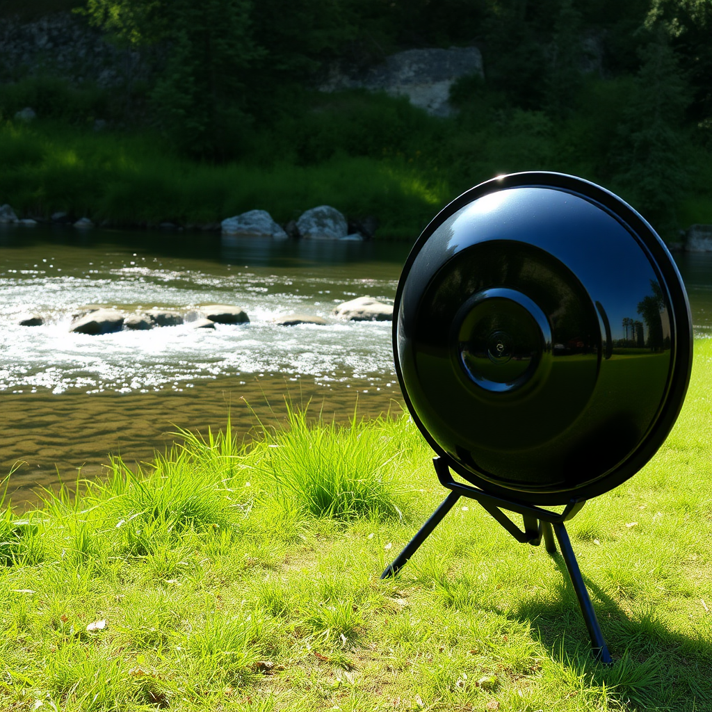 The beautiful black handpan drum by the river.