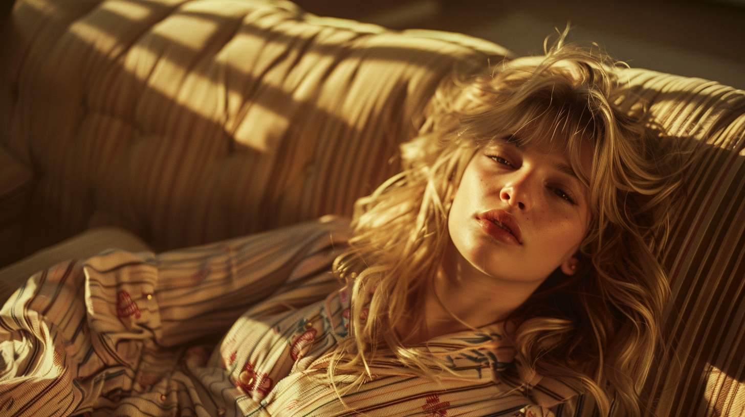 The beautiful blonde woman lounging on vintage sofa