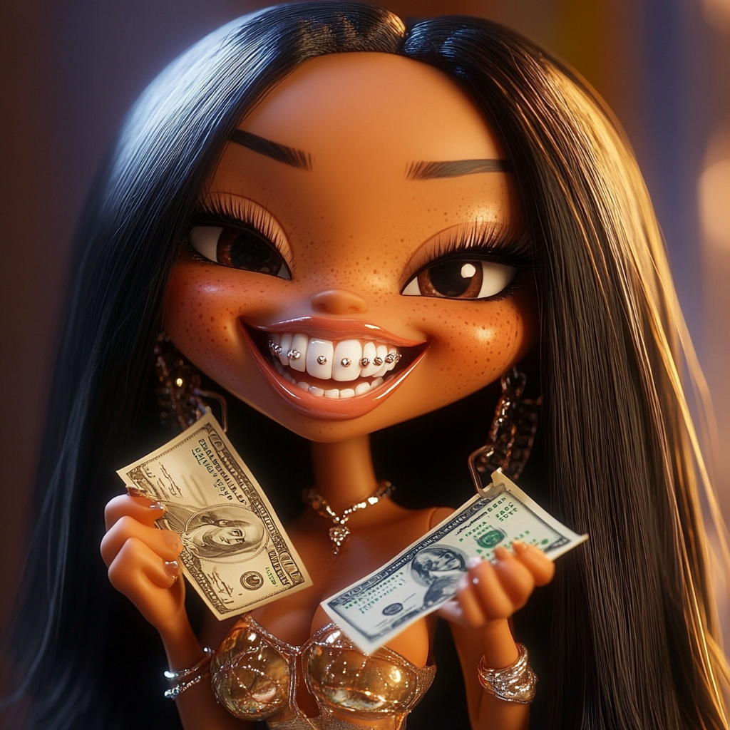 The beautiful smiling black Bratz doll with cash