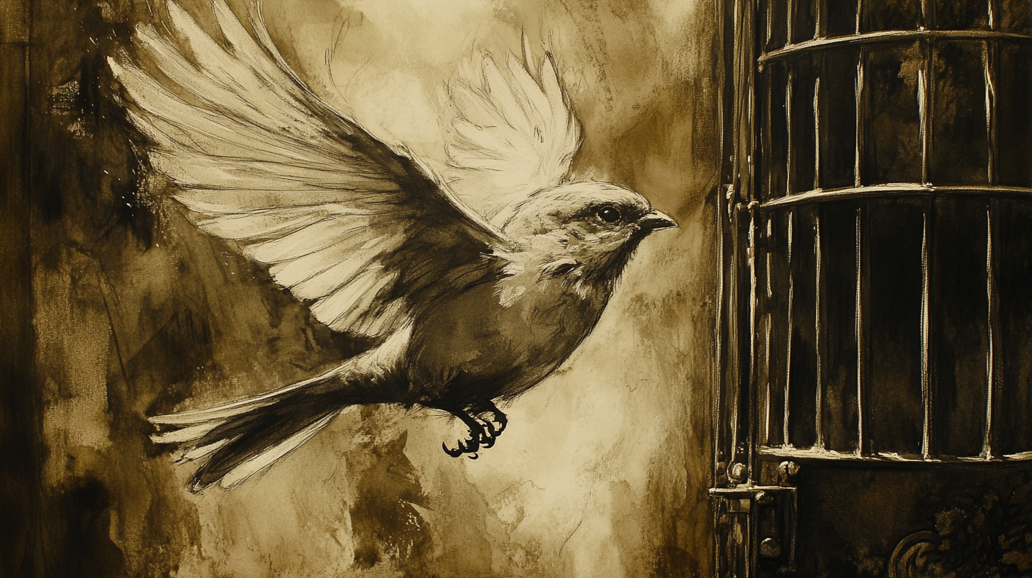 The caged bird flying towards freedom