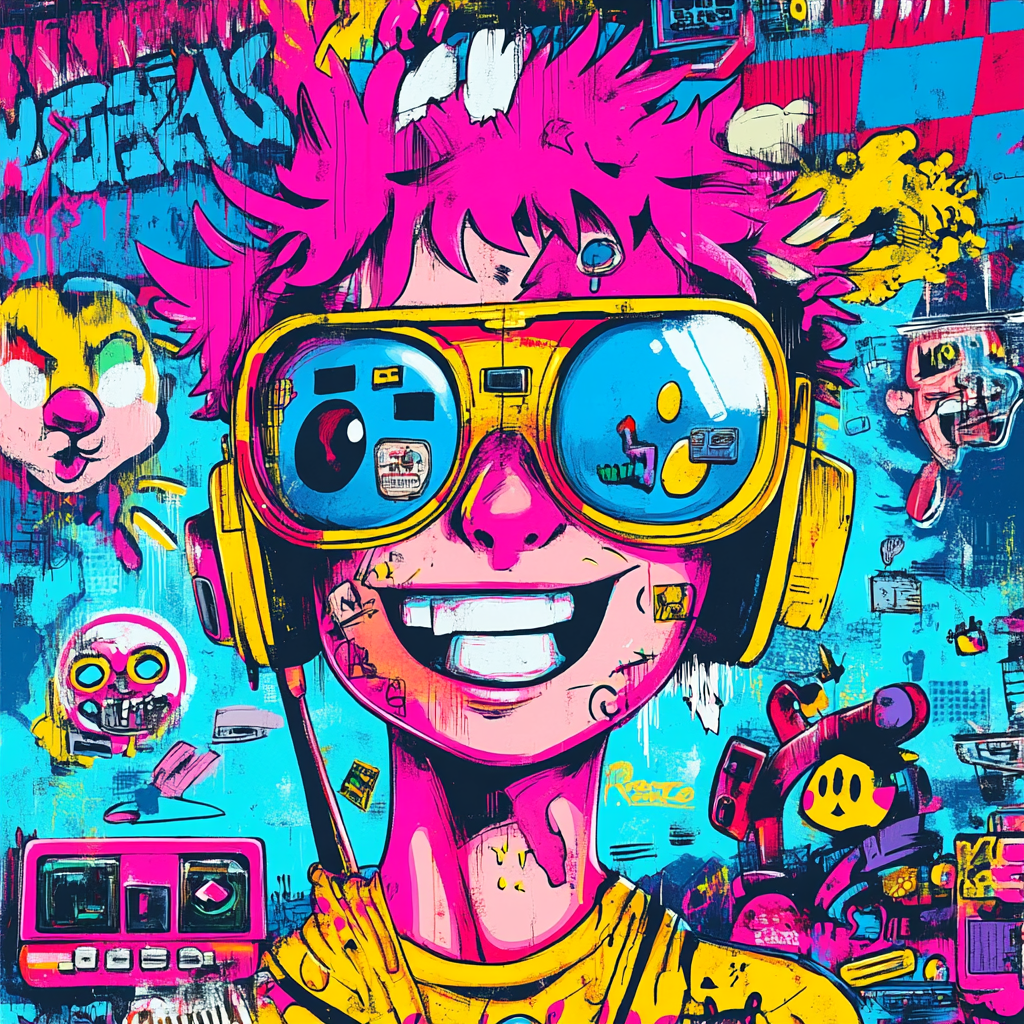 The colorful city artwork with 90s pop culture