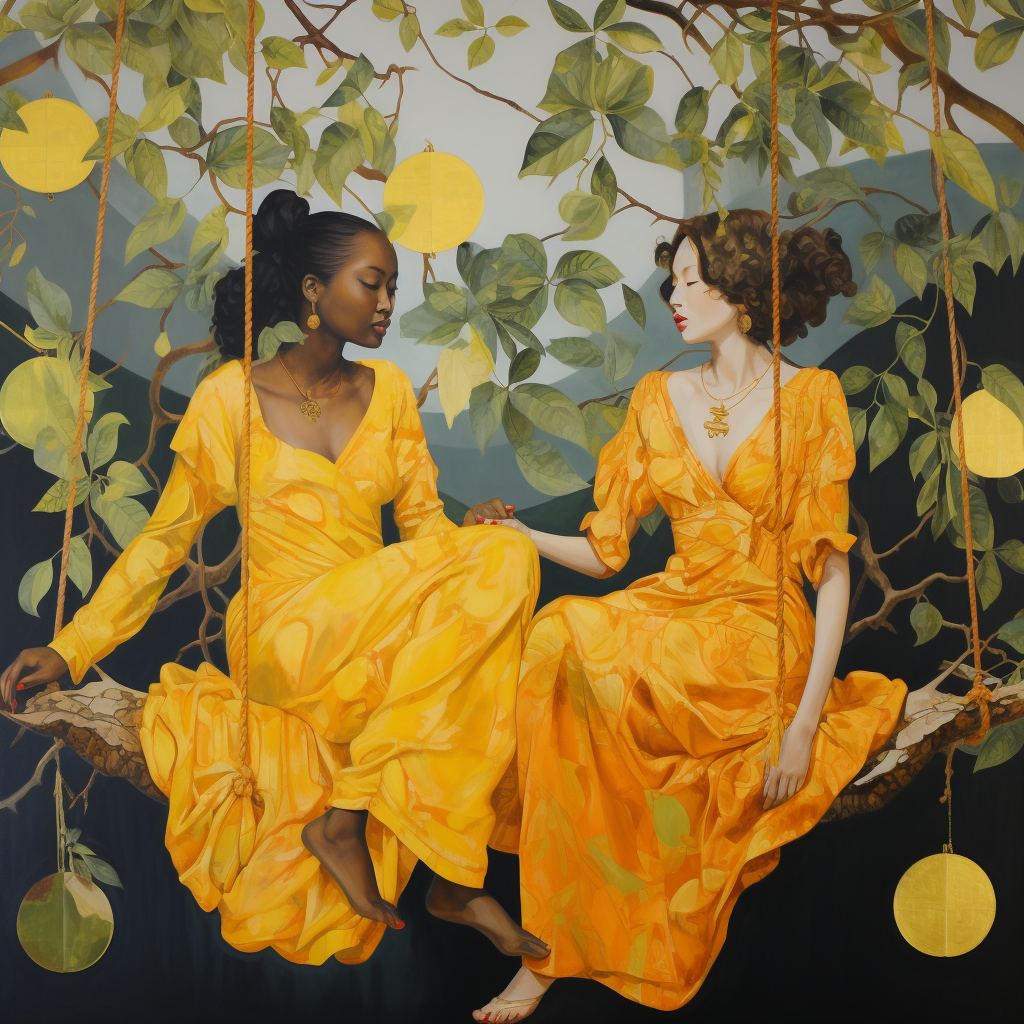 The colorful painting of two girls on swing