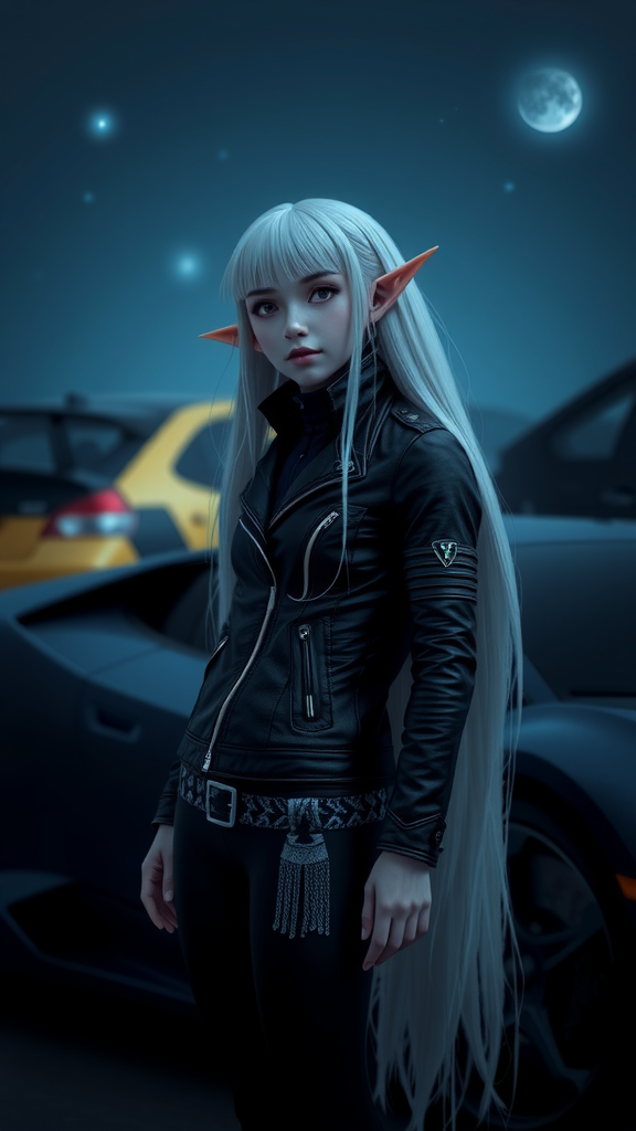 The elf girl in leather jacket near Lamborghini.