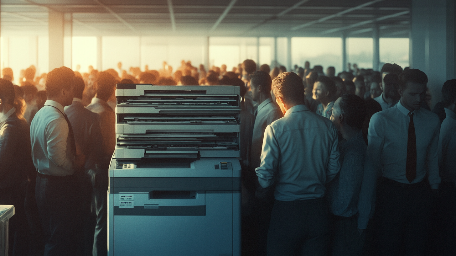 The exhausted office workers inside a crowded room