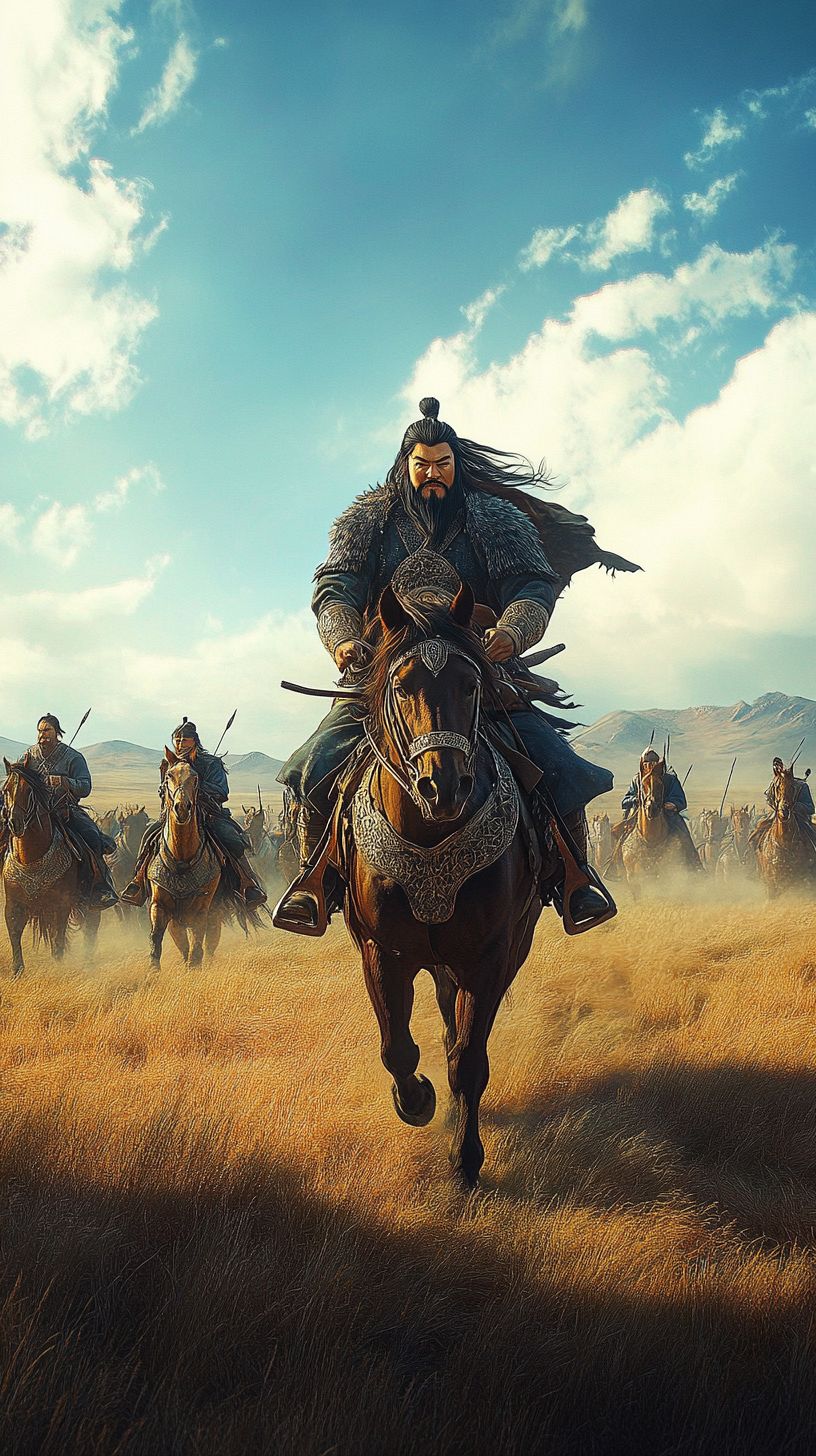 The fearless Genghis Khan leading his horsemen to victory.