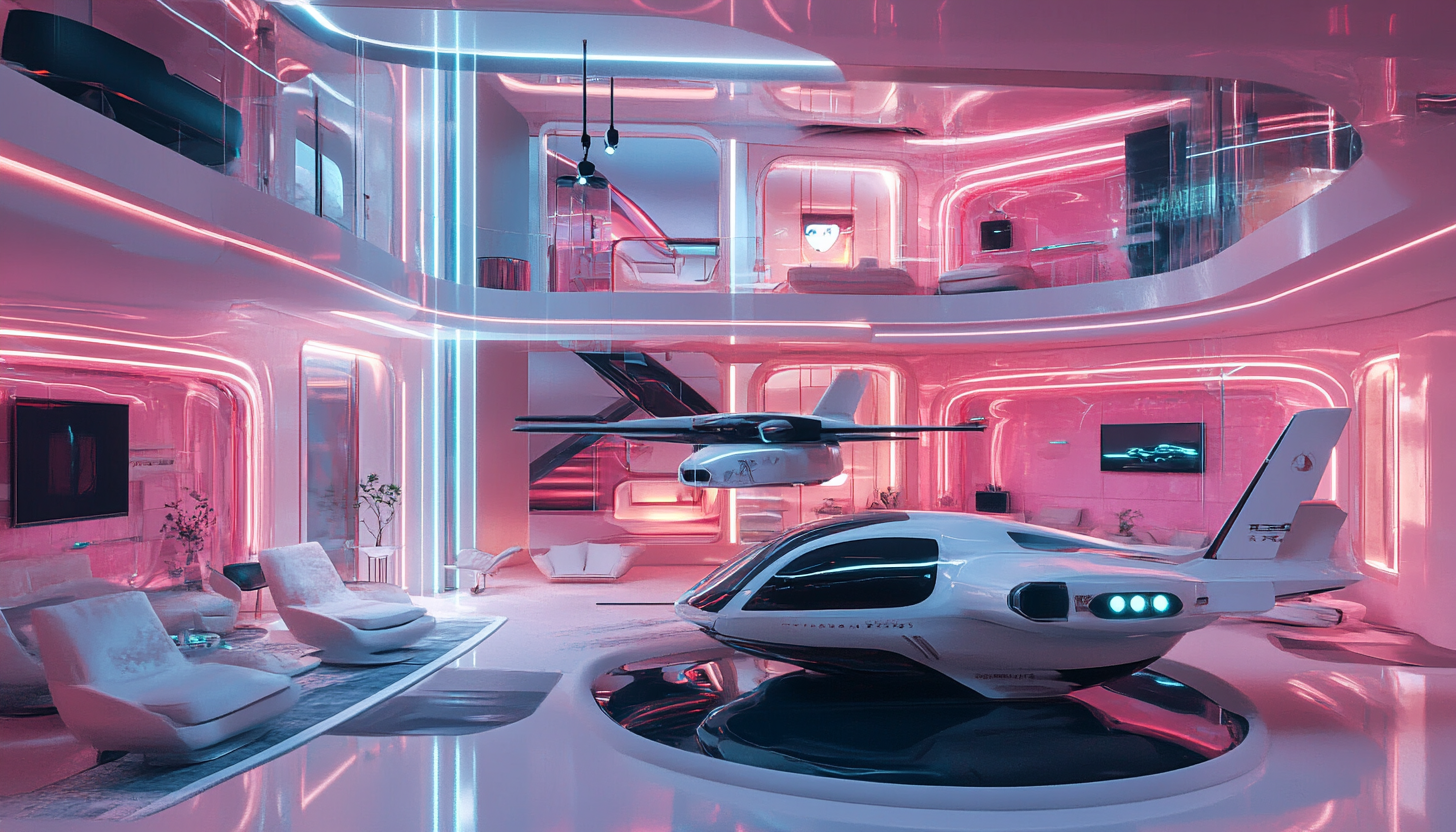 The futuristic living space with neon lights and vehicles