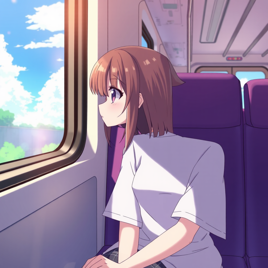 The girl sitting on train watching outside