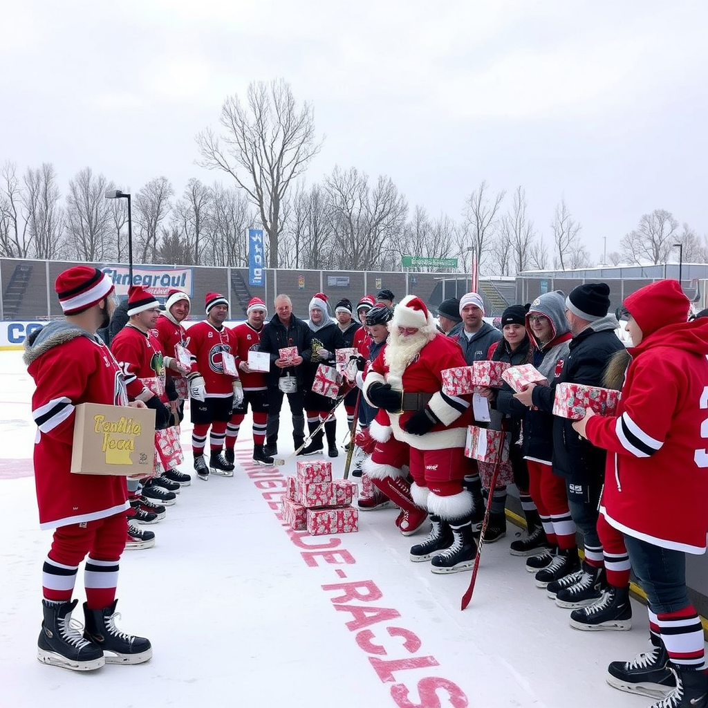 The hockey team gives gifts to Santa.