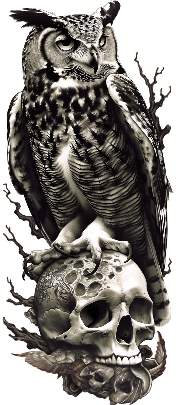 The hyperrealistic owl attack on skull tattoo design