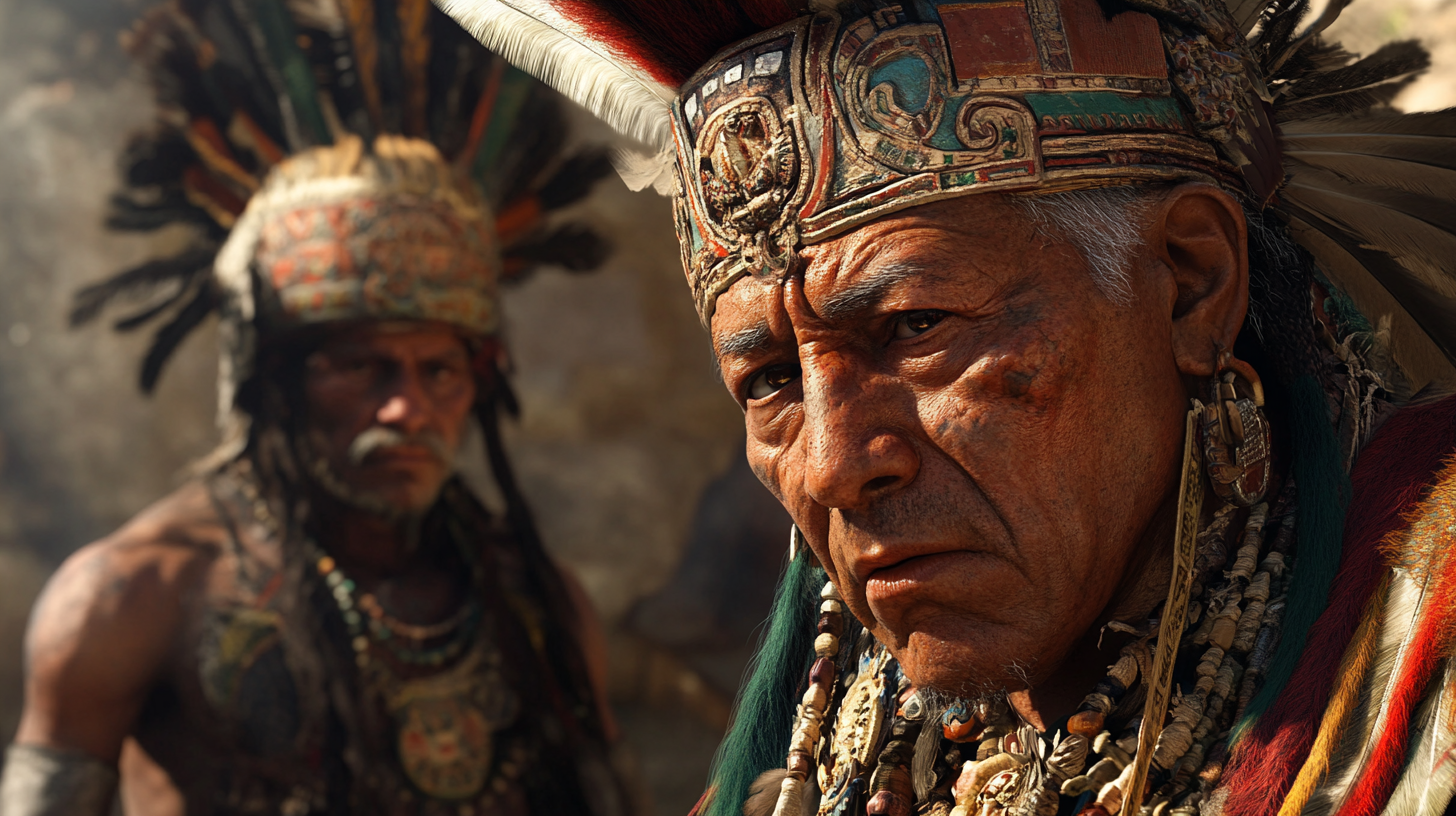 The imposing Aztec priest gazes at wounded leader.