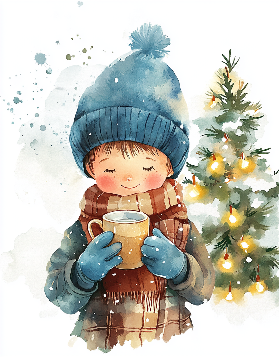 The little boy holds winter-themed painting