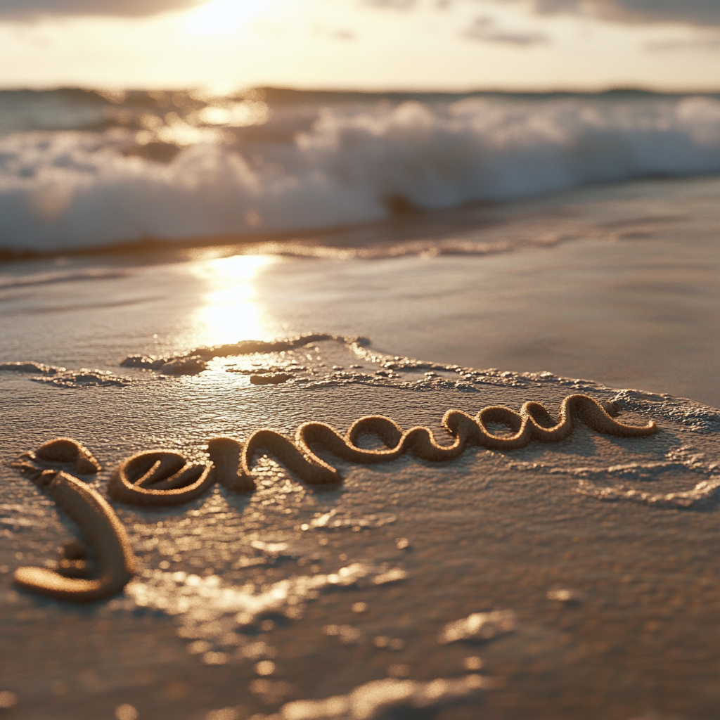 The name Jenny inscribed in sand on a beach.