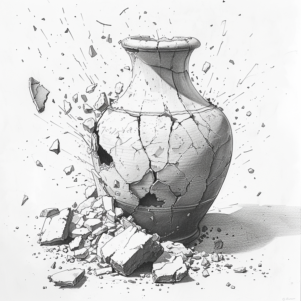 The shattered ancient pot in pencil sketch style