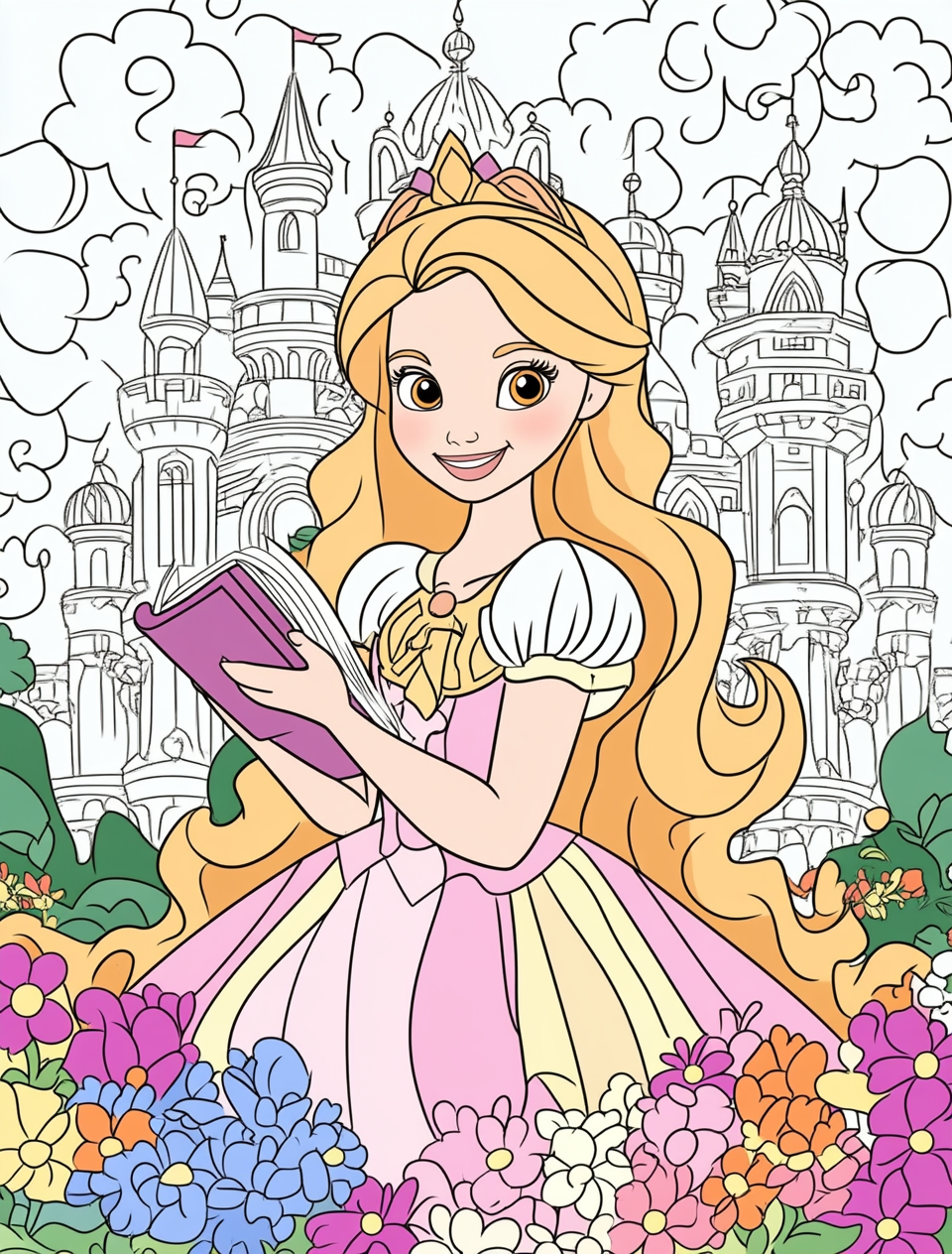 Coloring Book of a smiling princess with sparkly eyes at castle