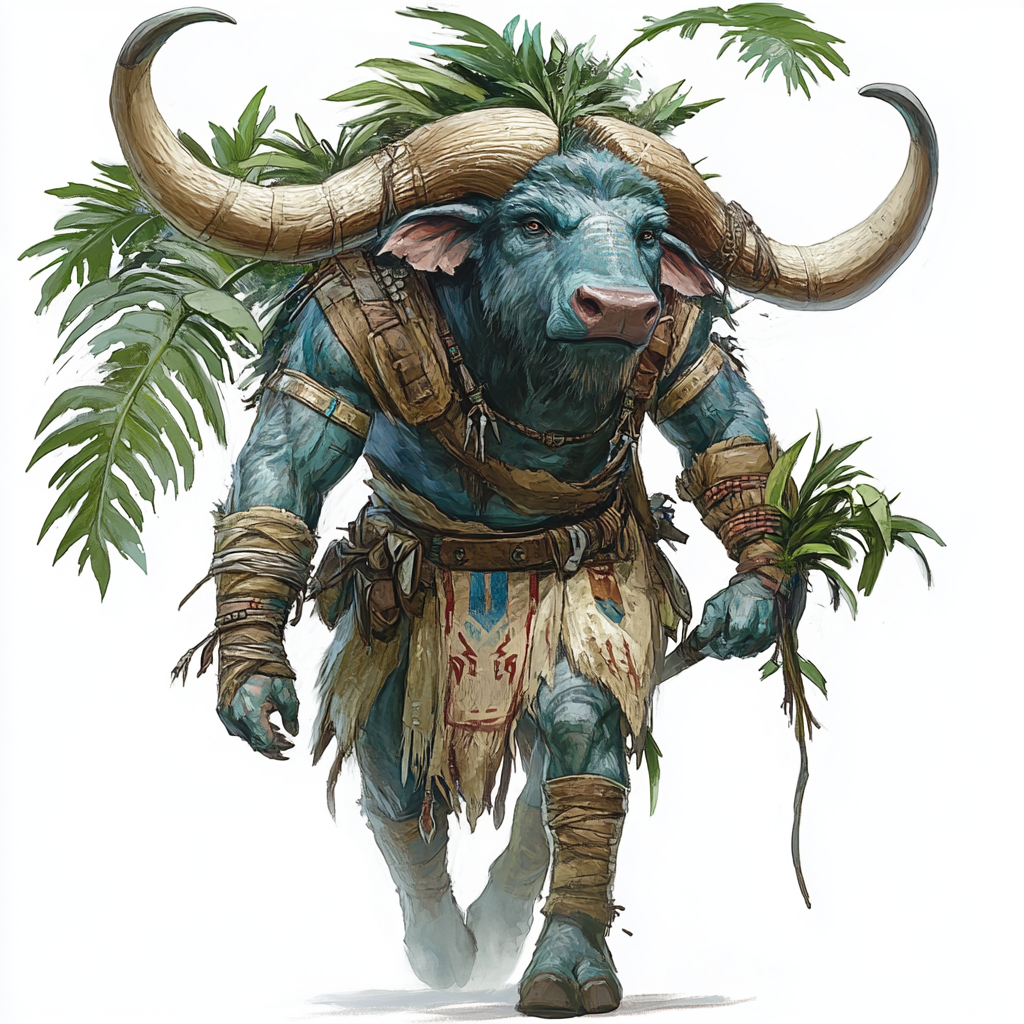 The strong water-buffalo minotaur in jungle gear.