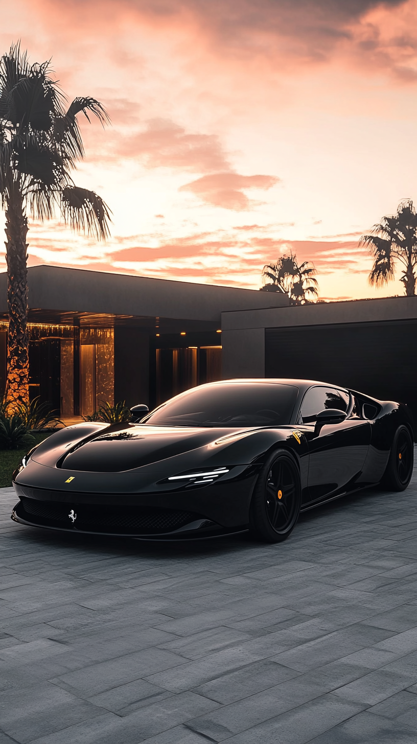 The stunning black Ferrari next to a modern house at sunset