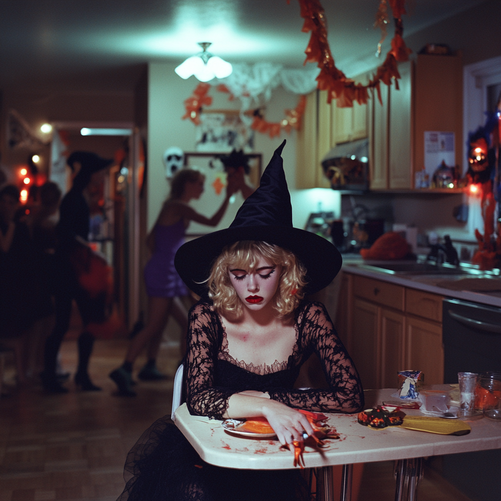 The tired witch at a lively Halloween party