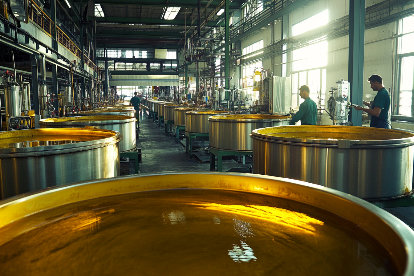 The workers watch oil extraction from olive paste.