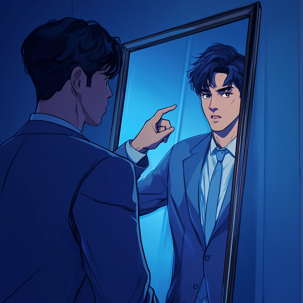 The young man judges himself in mirror.