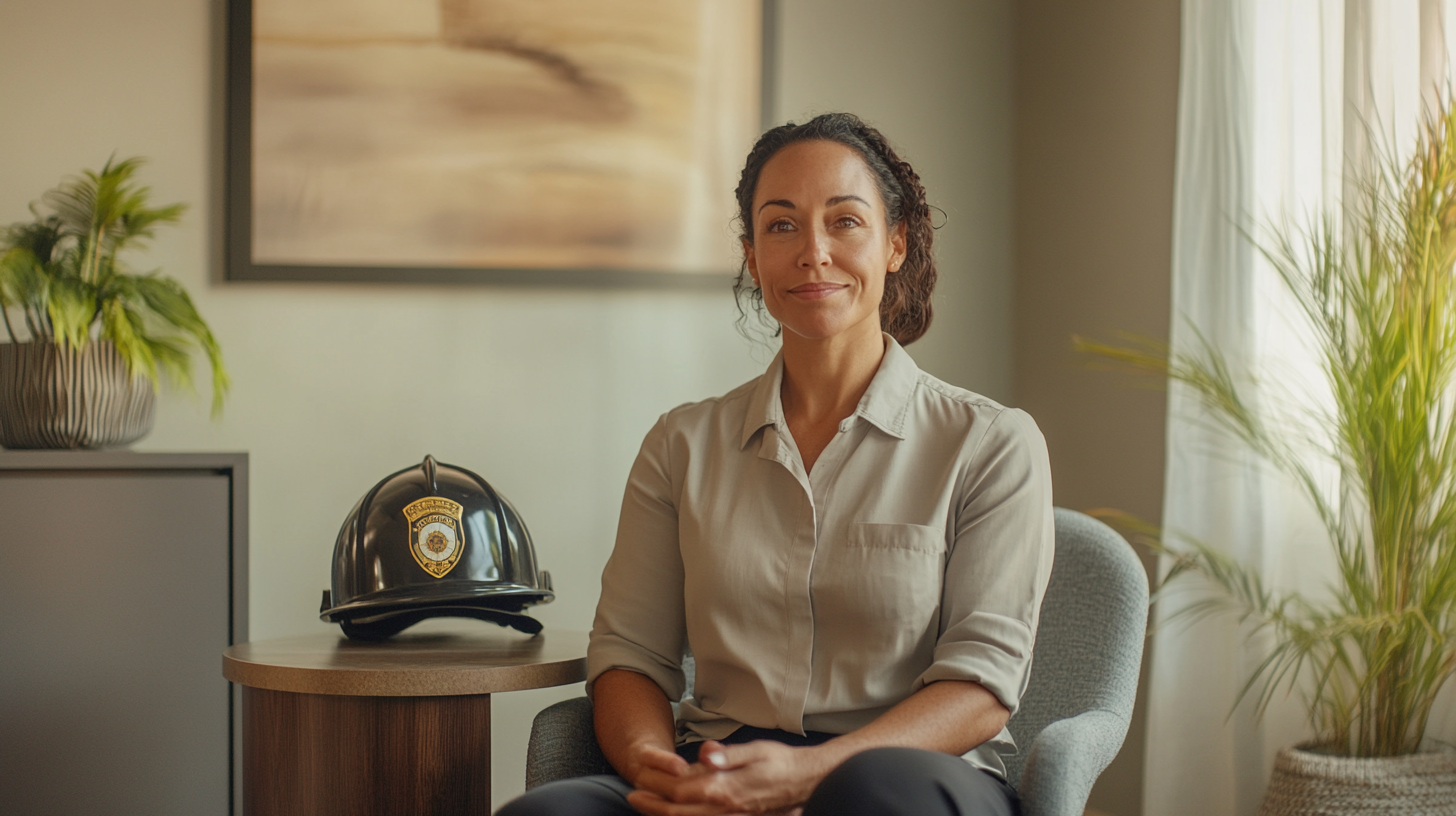 Therapist in office with firefighter's helmet and police badge