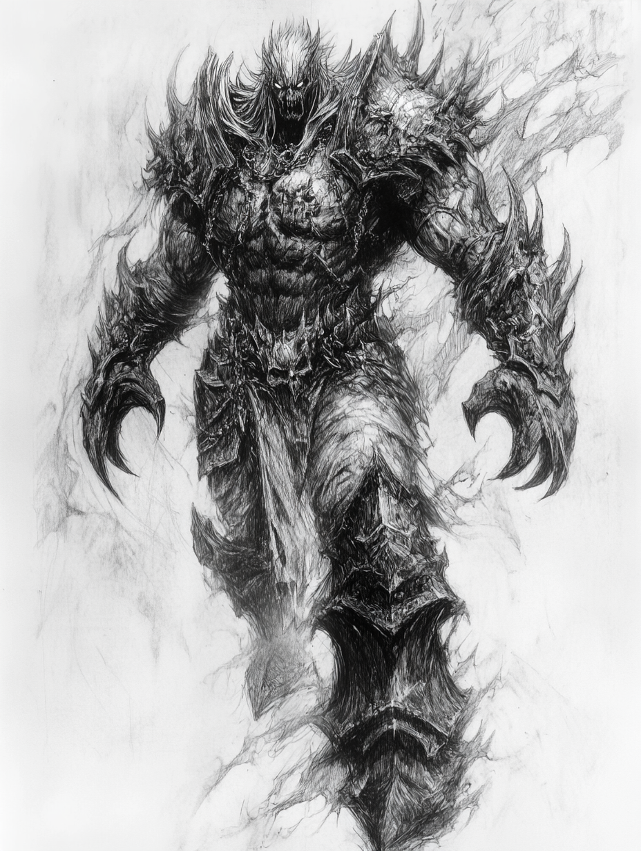 Thick, jagged sketch of menacing, powerful demonic figure.