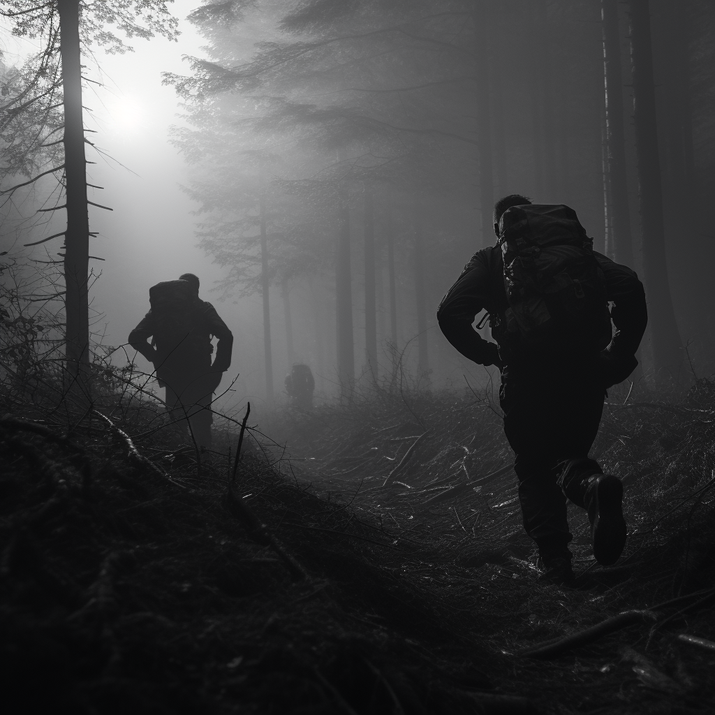 Thick and thin men run in dark forest scene.