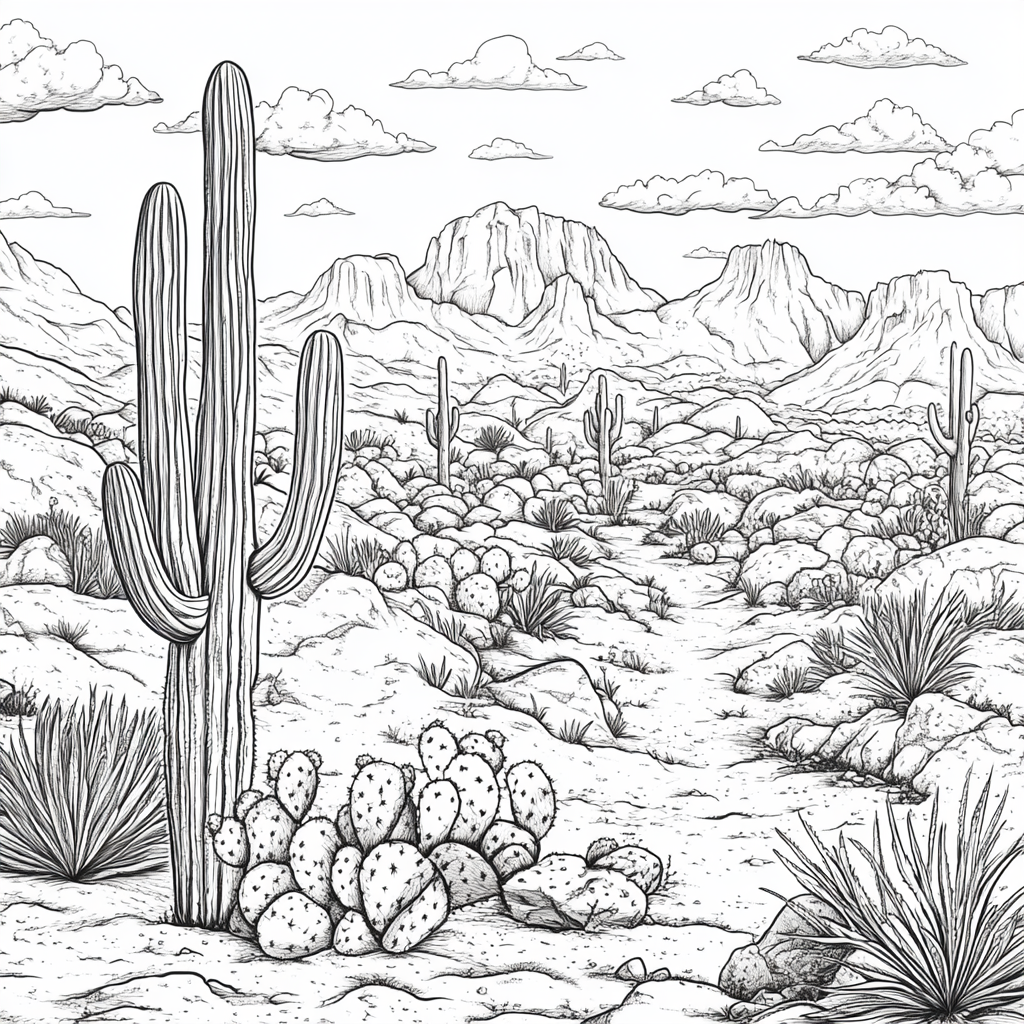 Thick line coloring page of dreamlike cacti and trees.