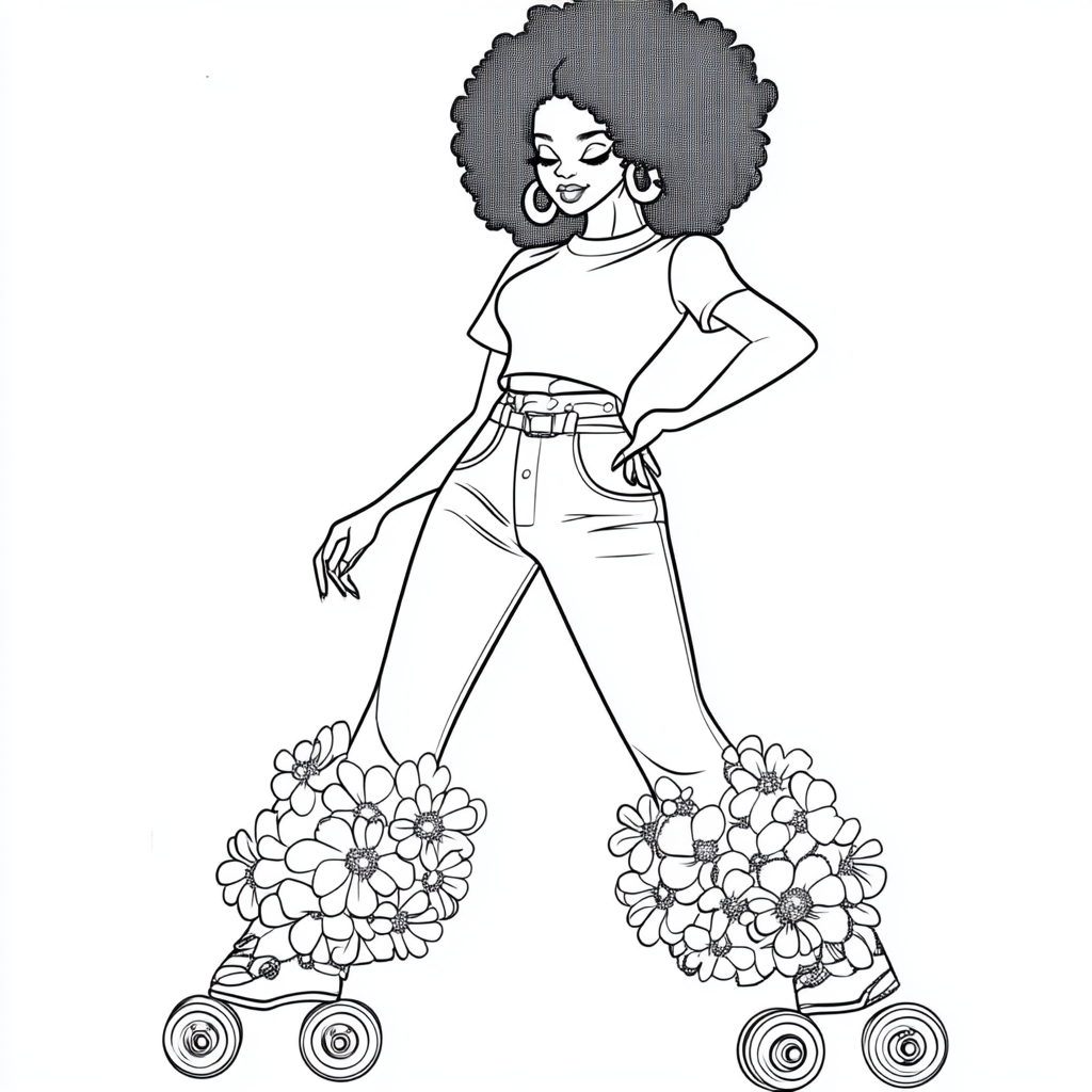 Thick lined coloring book: African-American woman on roller skates.