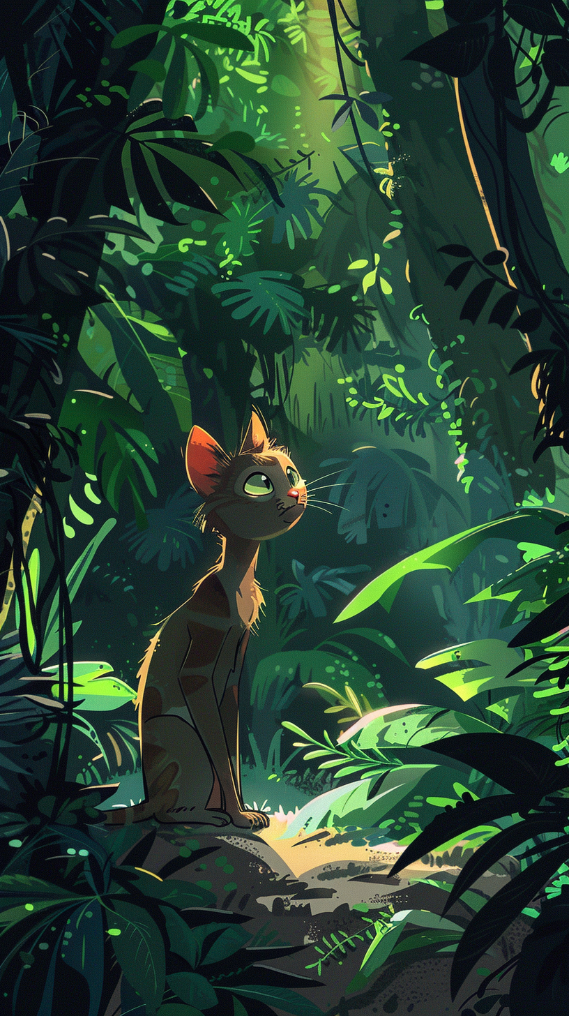 Thin Cat in Jungle, Fearful Eyes, Cartoon Style