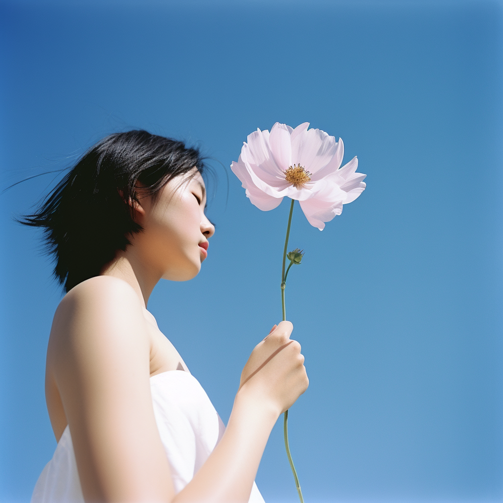 Thin green stem, soft pink flower, girl inside.