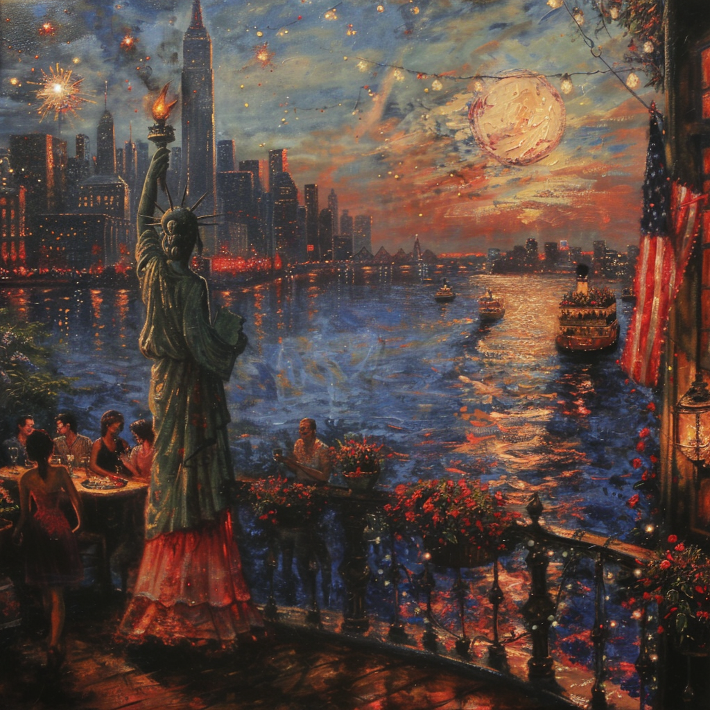 Thomas Kinkade style painting of Statue of Liberty, celebration.