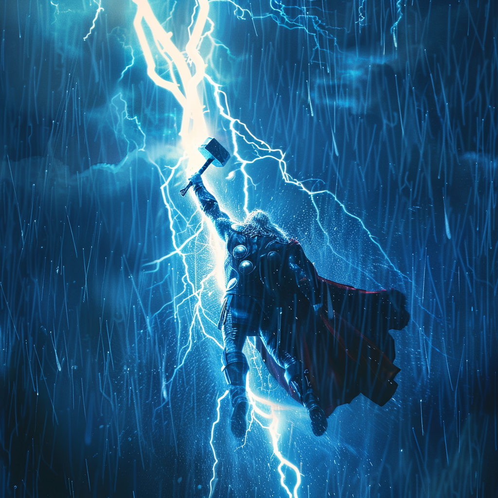 Thor wielding his hammer, summoning thunder from the sky.