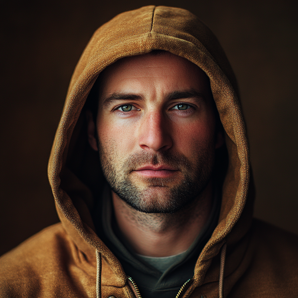 Thoughtful man in traveler hoodie, facing camera.