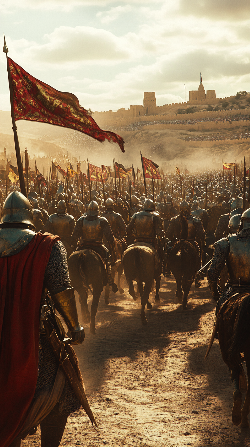 Thousands of soldiers in medieval armor advancing on Jerusalem.