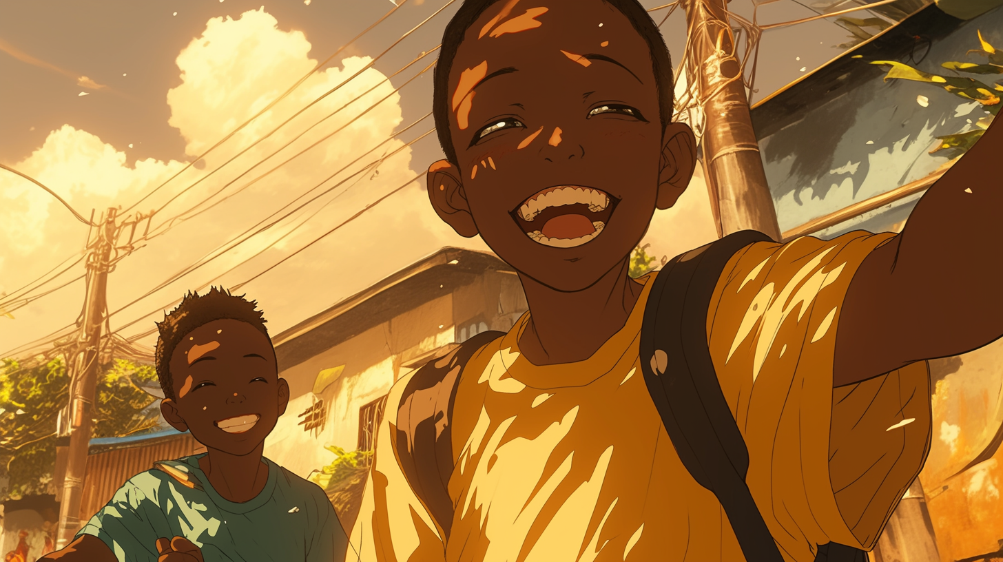 Three 12-year-old Caucasian children walking happily in Lagos.