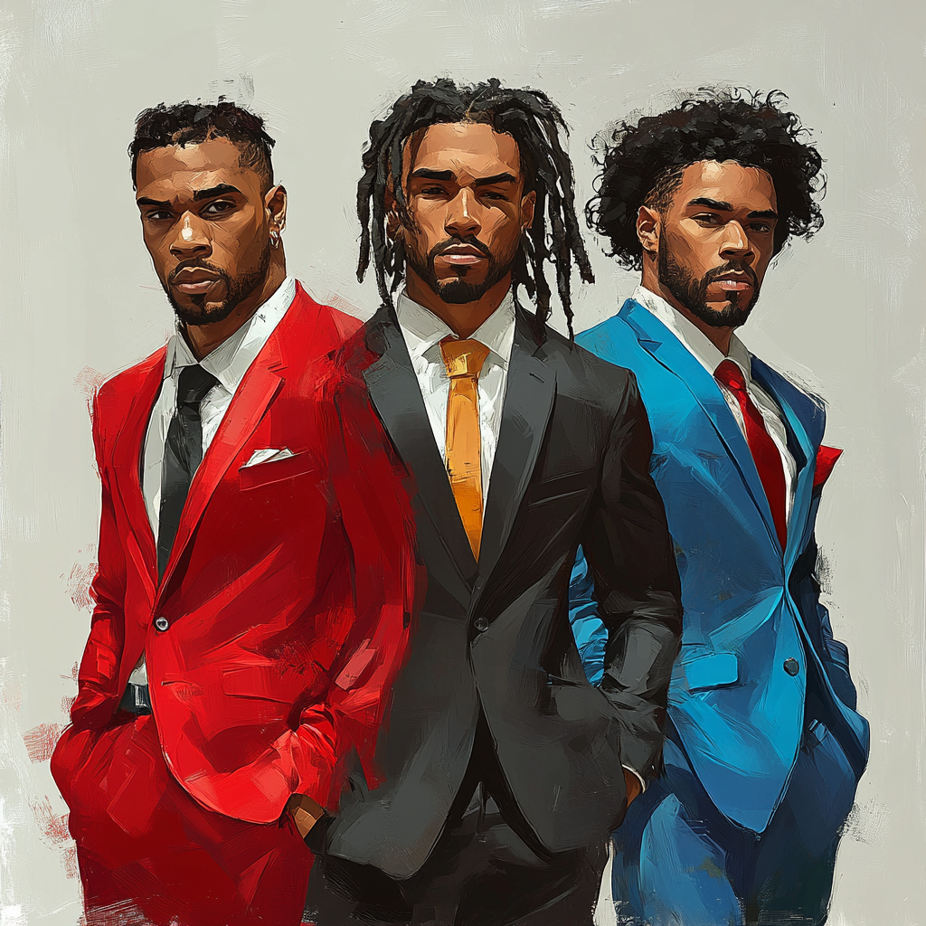 Three African American men in black, red, and blue.