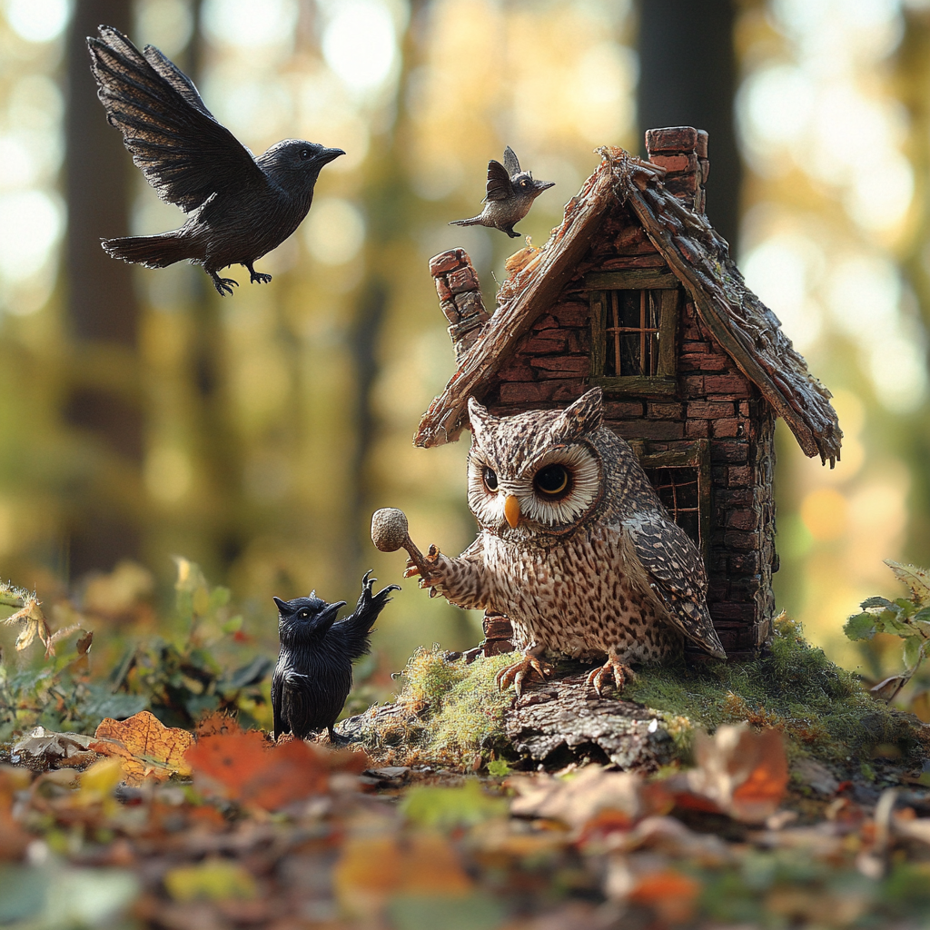 Three Animals Play Near Tiny Forest House