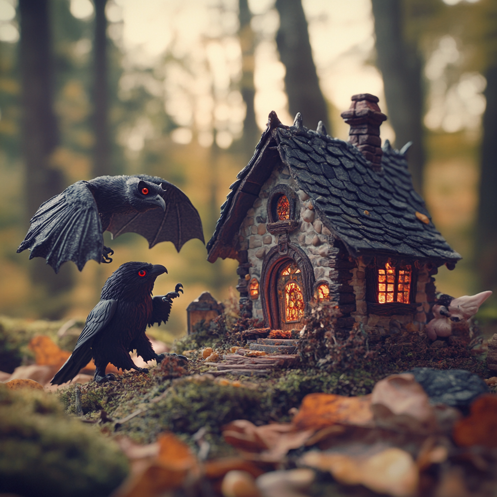 Three Animals Playing by a Miniature Forest House