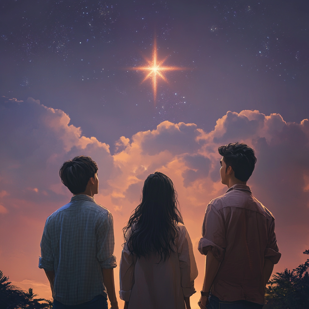 Three Asian friends gazing at star-shaped cloud at sunset.