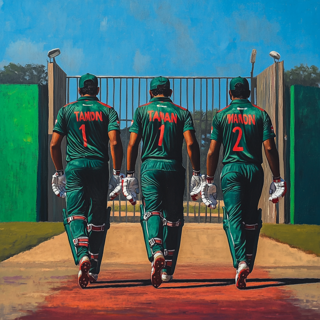 Three Bangladeshi cricketers walking towards Ahsan Manjil.