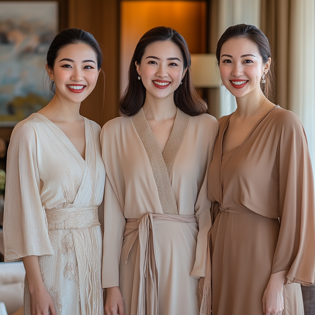 Three Elegant Asian Women in Luxurious Caftans