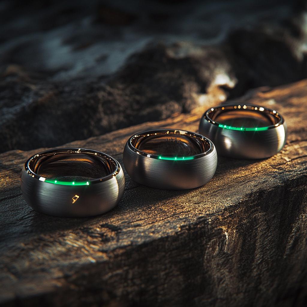 Three Elegant Health Rings on Wooden Surface