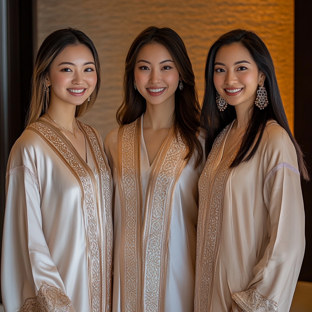 Three Elegant Young Asian Professionals in Luxurious Caftans